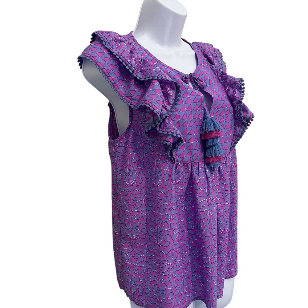 Vineyard Vine Anegada Block Print Ruffled Top, Notched Neck XS in Blue/pink - Picture 6 of 9
